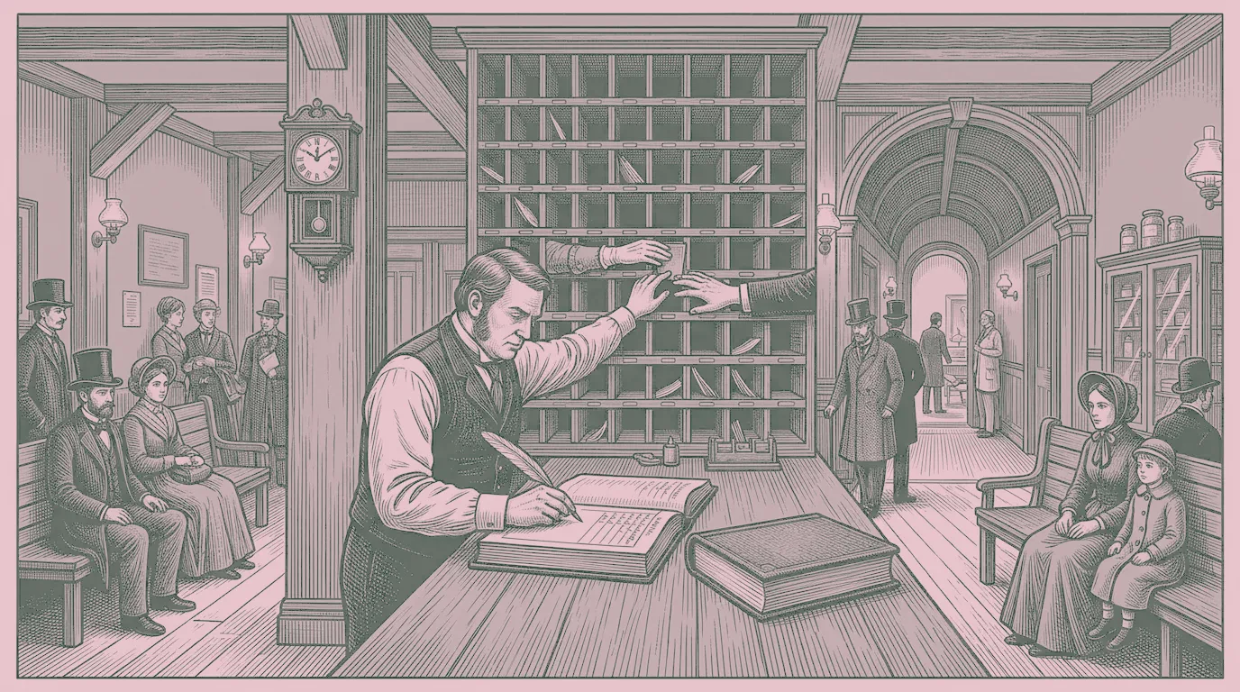 Woodcut print of a 19th-century clinic reception hall: a ledger on the counter, a wall of numbered cubbies, several hands reaching for the same cubby.