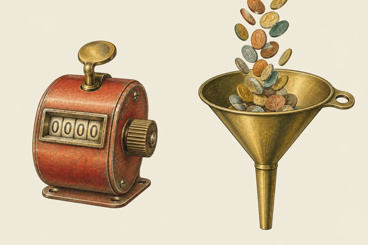 Chromolithograph of an antique mechanical hand tally counter beside a brass funnel with coins pouring in.