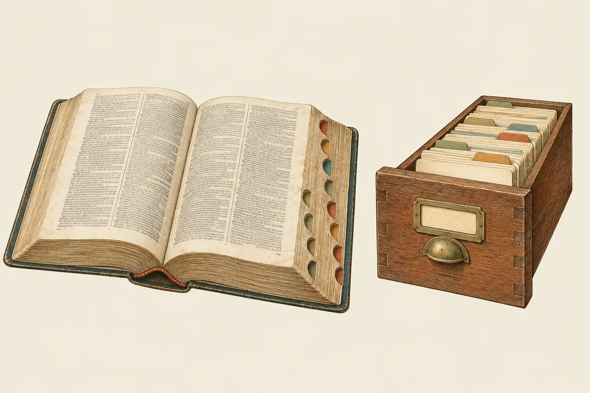 An antique dictionary lying open with thumb-index tabs, beside a wooden library card catalogue drawer.