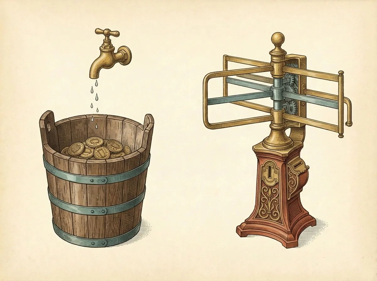 Chromolithograph of a wooden bucket filling drop by drop from a brass tap, next to a brass turnstile.