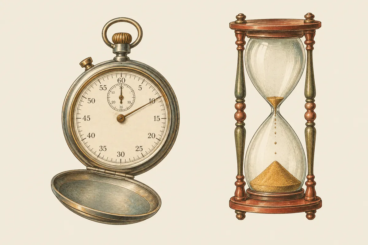 Chromolithograph of an antique silver pocket stopwatch with its lid open, beside an hourglass with a few grains stuck in the neck.